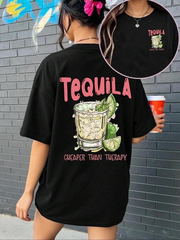 Women's Letter & Lime Print Round Neck Graphic Tee, Vintage Trendy Casual Short Sleeve T-shirt for Daily Wear, Ladies...