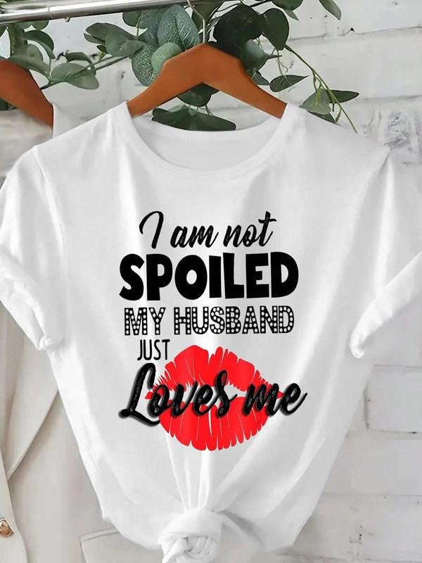 Women's Letter & Lip Print Crew Neck Tee, Trendy Casual Short Sleeve T-Shirt for Daily Wear, Ladies Summer Outfit Hoodie,...