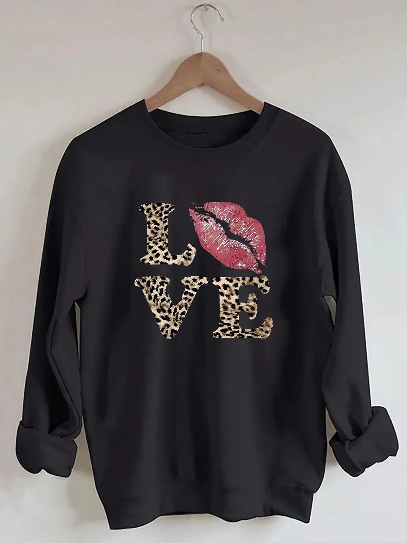 Women's Letter & Lip Print Drop Shoulder Sweatshirt, Casual Long Sleeve Round Neck Pullover for Fall & Winter, Ladies...