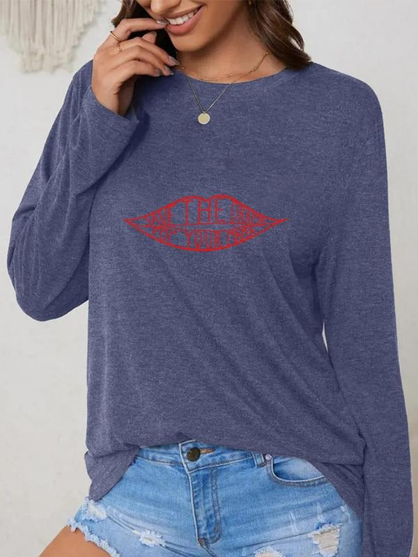 Women's Letter & Lip Print Drop Shoulder Tee, Casual Long Sleeve Round Neck T-shirt for Fall & Winter, Women's Top for...