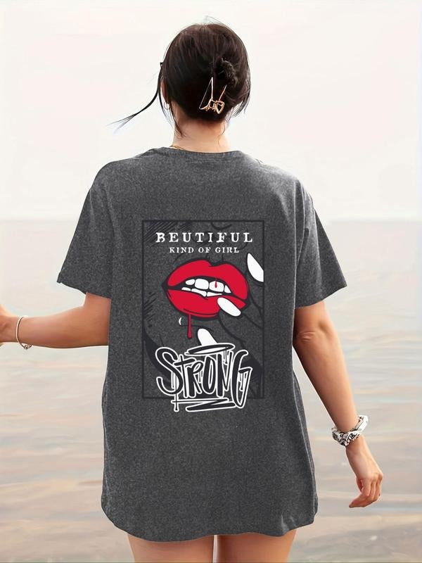 Women's Letter & Lip Print Short Sleeve Tee, Casual Round Neck Graphic T-shirt for Summer, Ladies' Top for Daily Wear...