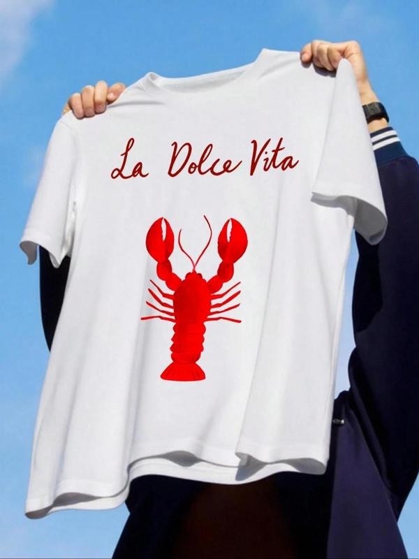 Women's Letter & Lobster Print Round Neck Tee, Casual Short Sleeve T-shirt for Summer, Ladies Clothes for Daily Wear, Top...