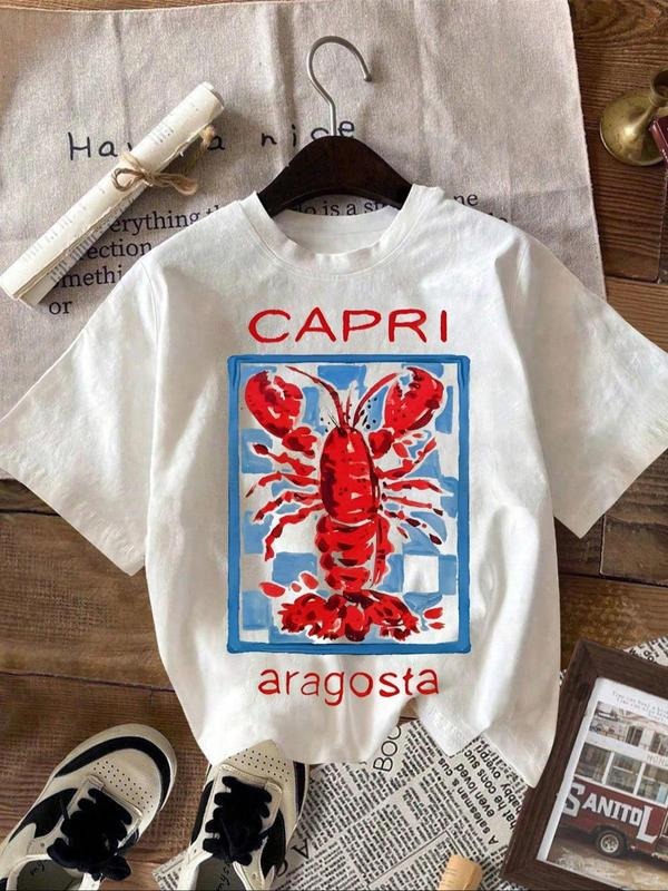 Women's Letter & Lobster Print Round Neck Tee, Casual Short Sleeve T-shirt for Summer, Ladies Clothes for Daily Wear, Top...