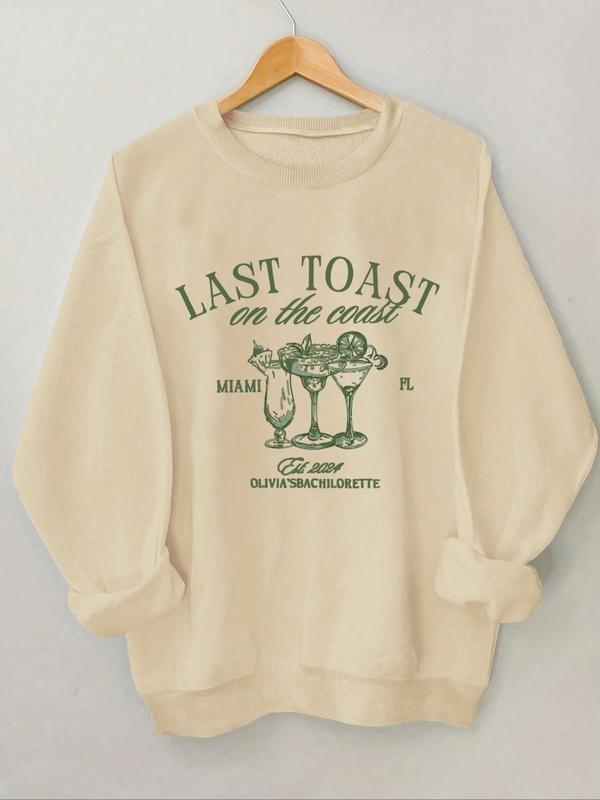 Women's Letter & Margarita Print Crew Neck Sweatshirt, Casual Long Sleeve Pullover for Daily Wear, Women Clothing for All...