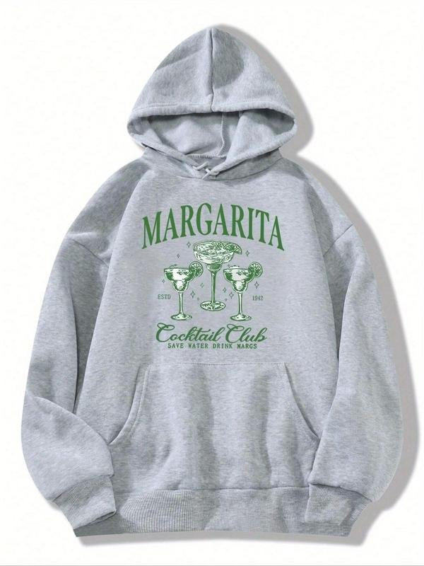 Women's Letter & Margarita Print Drop Shoulder Hoodie, Fashion Casual Drawstring Pocket Hooded Sweatshirt for Daily...