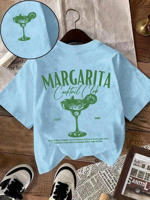 Women's Letter & Margarita Print Round Neck Tee, Casual Short Sleeve Crew Neck T-shirt for Summer, Fashion Women's Top...