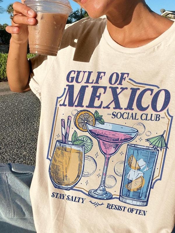 Women's Letter & Margarita Print Round Neck Tee, Trendy Casual Crew Neck Short Sleeve T-shirt for Daily Wear, Ladies...