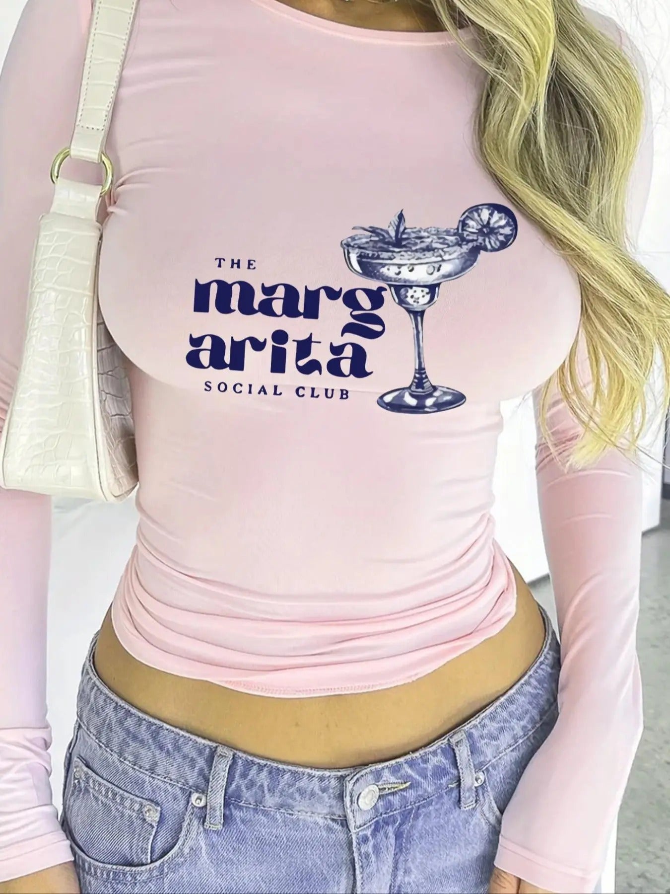Women's Letter & Martini Print Round Neck Skinny Tee, Y2K Trendy Long Sleeve T-shirt for Daily Wear, Ladies All Seasons...
