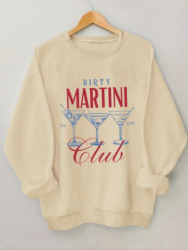 Women's Letter & Martini Print Round Neck Sweatshirt, Casual Long Sleeve Pullover for Daily Wear, Ladies Clothes for All...