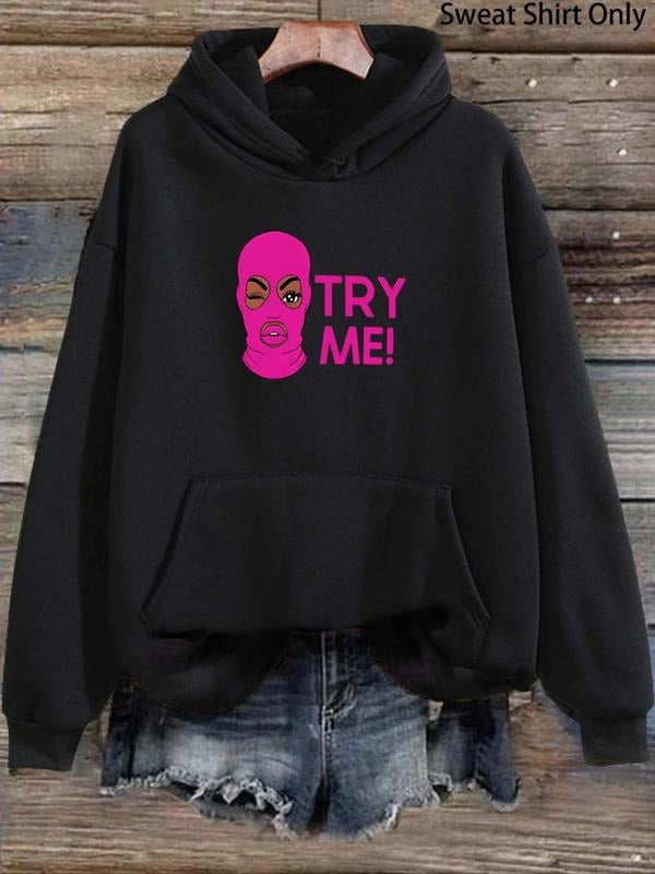 Women's Letter & Mask Figure Print Drop Shoulder Hoodie, Fashion Casual Drawstring Pocket Hooded Sweatshirt for Daily...