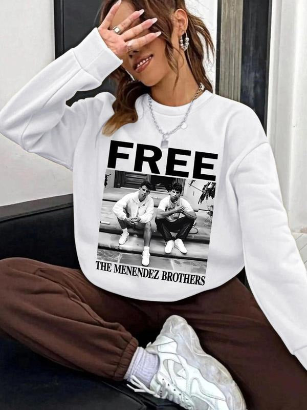 Women's Letter & Men Print Crew Neck Drop Shoulder Sweatshirt, Casual Comfy Long Sleeve Pullover for Spring & Fall,...