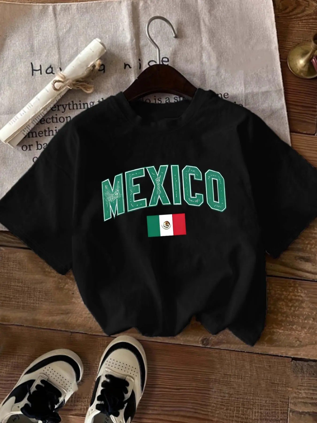 Women's Letter & Mexico Flag Print Round Neck Graphic Tee, Vintage Trendy Casual Drop Shoulder Short Sleeve T-shirt for...