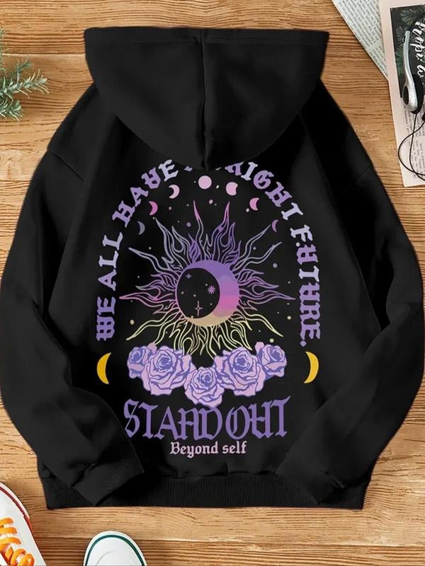Women's Letter & Moon & Floral Print Drop Shoulder Hoodie, Fashion Casual Drawstring Pocket Hooded Sweatshirt for Daily...
