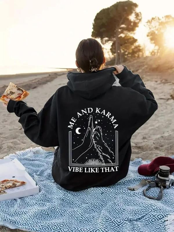 Women's Letter & Moon Print Drop Shoulder Hoodie, Fashion Casual Drawstring Pocket Hooded Sweatshirt for Daily Holiday...