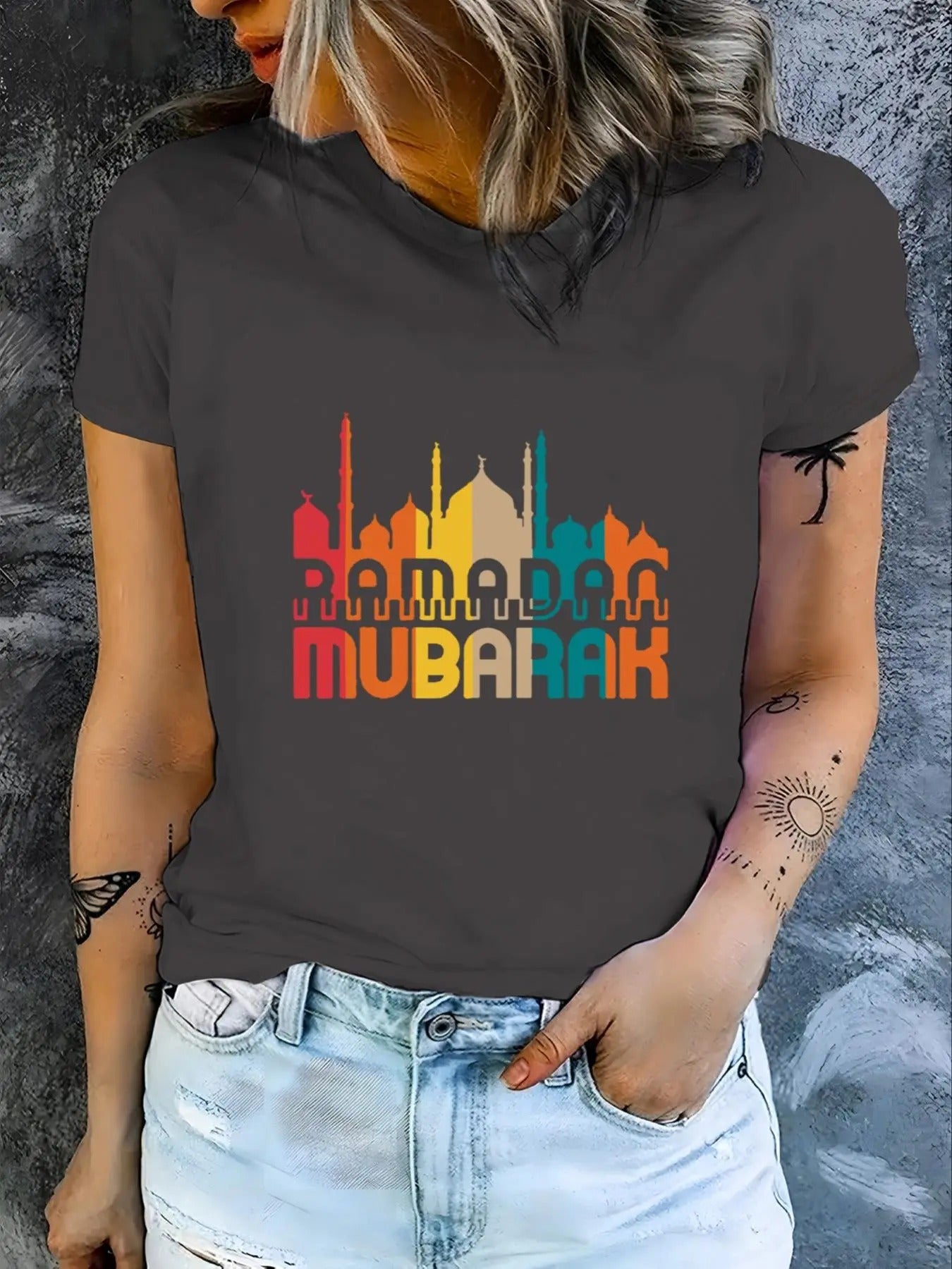 Women's Letter & Mosque Print Round Neck Tee, Casual Short Sleeve Crew Neck T-shirt for Daily Wear, Ladies Clothes for...