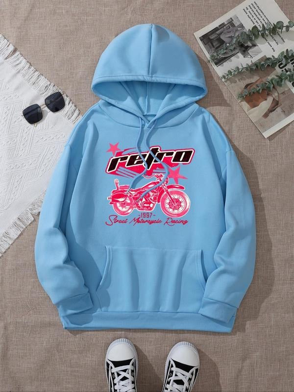 Women's Letter & Motorcycle Print Drop Shoulder Hoodie, Fashion Casual Drawstring Pocket Hooded Sweatshirt for Daily...