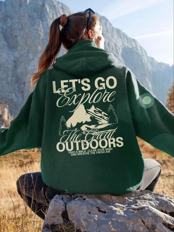 Women's Letter & Mountain Print Drawstring Pocket Hoodie, Casual Long Sleeve Hooded Sweatshirt for Outdoor, Ladies...