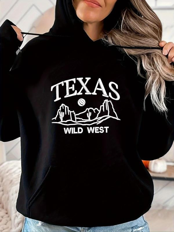 Women's Letter & Mountain Print Drop Shoulder Drawstring Hoodie, Fashion Casual Kangaroo Pocket Hooded Sweatshirt for...