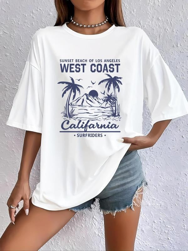 Women's Letter & Mountain Print Drop Shoulder Tee, Casual Half Sleeve Round Neck T-Shirt for Fall & Winter, Women's Top...