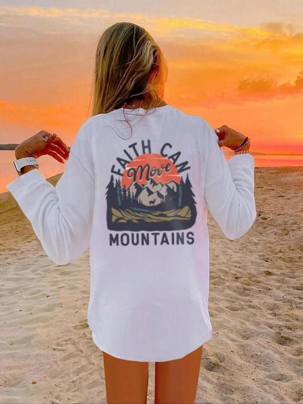 Women's Letter & Mountain Print Drop Shoulder Tee, Casual Long Sleeve Round Neck T-shirt for Spring & Fall, Women's Top...