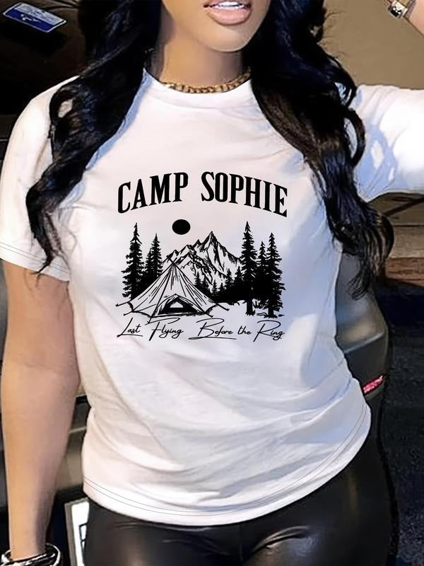 Women's Letter & Mountain Print Round Neck Graphic Tee, Vintage Trendy Casual Short Sleeve T-shirt for Daily Wear, Ladies...