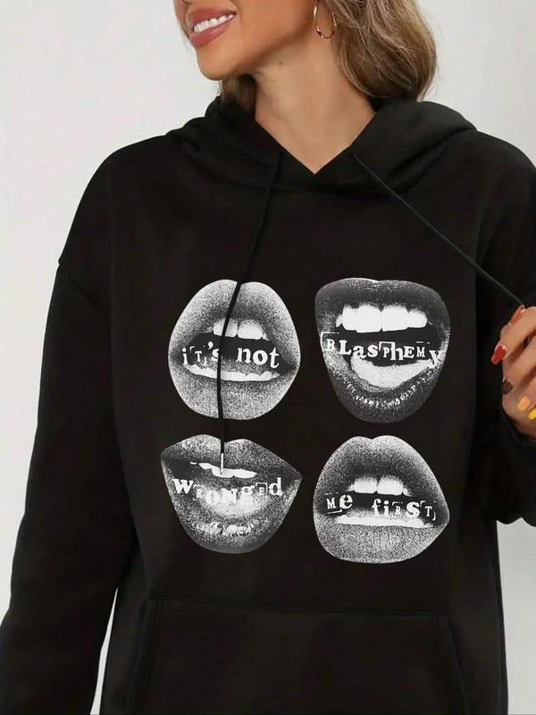 Women's Letter & Mouth Print Drop Shoulder Drawstring Hoodie, Fashion Casual Kangaroo Pocket Hooded Sweatshirt for Daily...