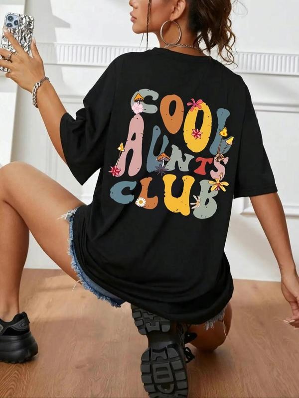Women's Letter & Mushroom Print Drop Shoulder Tee, Casual Half Sleeve Round Neck T-shirt for Summer, Fashion Women's Top...