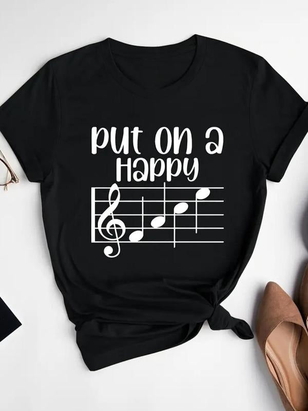 Women's Letter & Music Note Print Round Neck Graphic Tee, Casual Short Sleeve T-Shirt for Summer, Fashion Women's Top for...