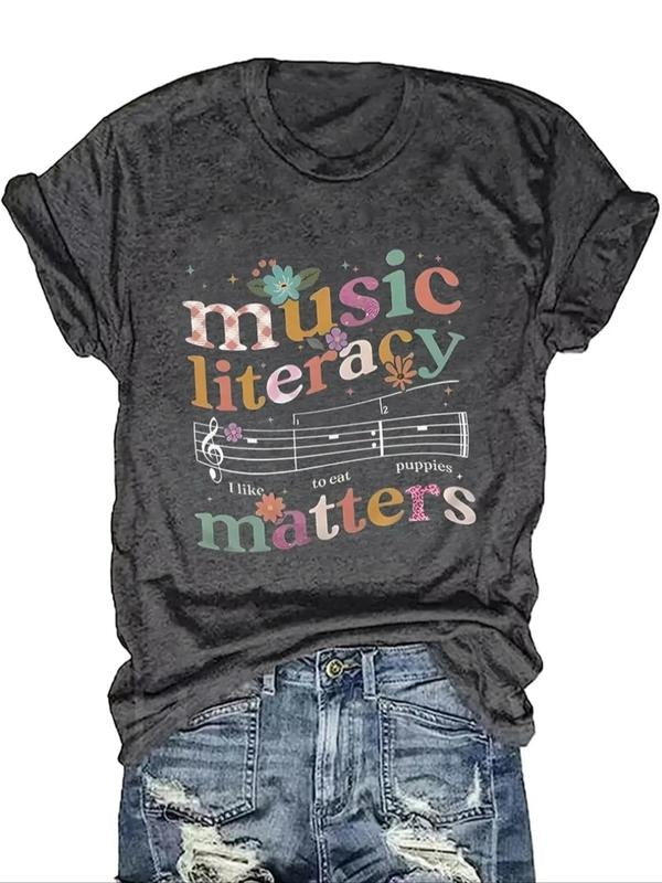 Women's Letter & Music Note Print Round Neck Tee, Fashion Graphic Short Sleeve T-Shirt, Women's Top for Daily Wear...