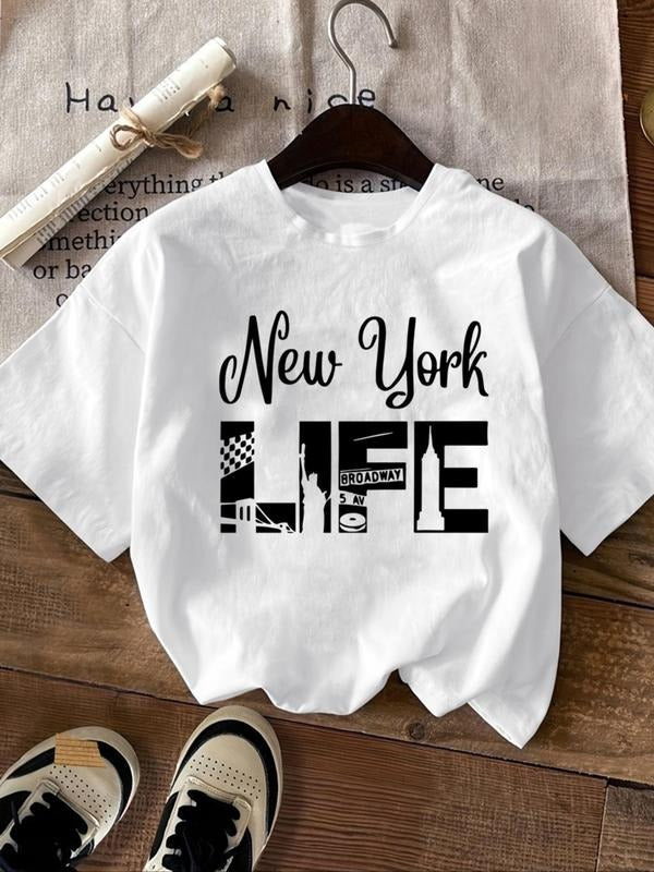 Women's Letter & New York Print Round Neck Tee, Casual Short Sleeve Crew Neck T-shirt for Summer, Fashion Women's Top for...
