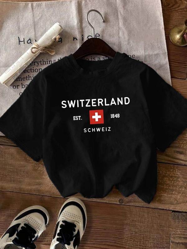 Women's Letter & Number & Switzerland Flag Print Round Neck Tee, Casual Short Sleeve T-Shirt for Daily Wear, Ladies All...