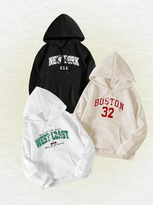 Women's Letter & Number & Year Print Drop Shoulder Hoodie, Fashion Casual Drawstring Pocket Hooded Sweatshirt for Daily...