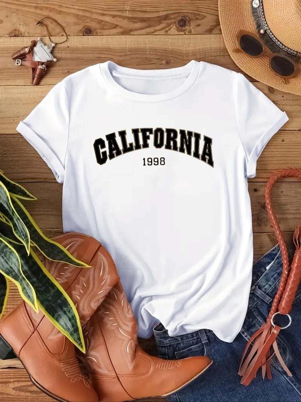 Women's Letter & Number Print Crew Neck Tee, Casual Short Sleeve T-Shirt, Ladies Summer Outfit Hoodie, Sweatshirt