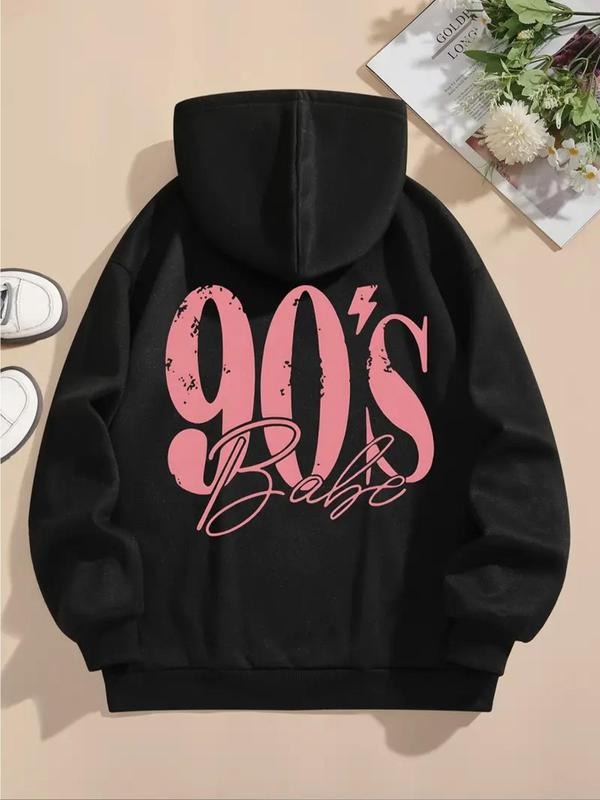 Women's Letter & Number Print Drop Shoulder Hoodie, Fashion Casual Drawstring Pocket Hooded Sweatshirt for Daily Holiday...