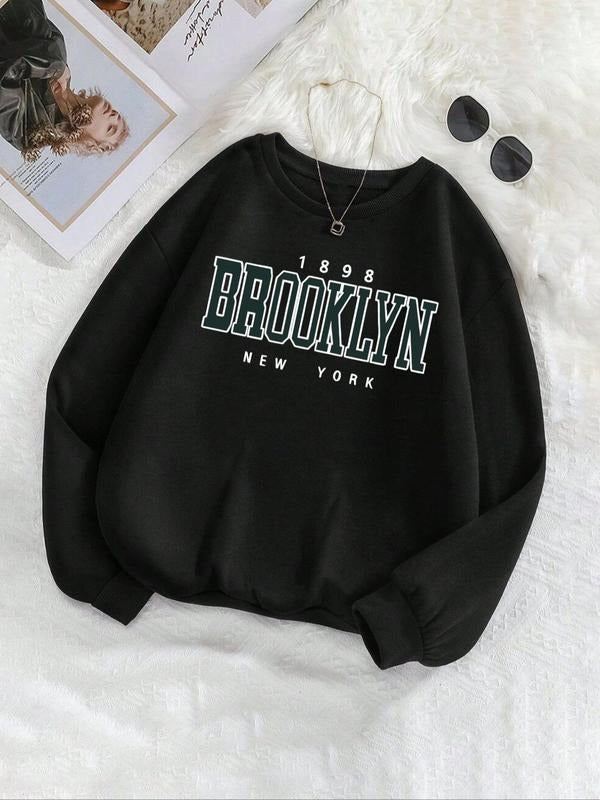 Women's Letter & Number Print Drop Shoulder Sweatshirt, Casual Long Sleeve Round Neck Pullover for Fall & Winter, Ladies...