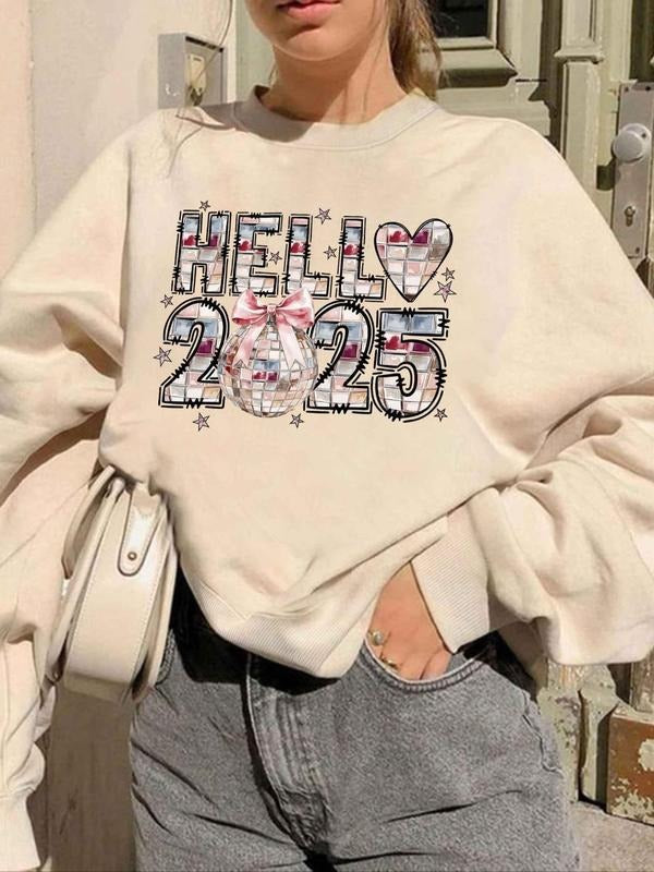 Women's Letter & Number Print Drop Shoulder Sweatshirt, Casual Long Sleeve Round Neck Pullover for Fall & Winter, Women's...
