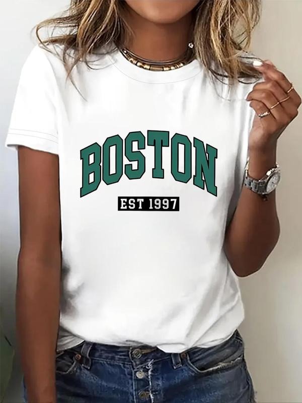 Women's Letter & Number Print Round Neck Tee, Casual Short Sleeve Crew Neck T-Shirt for Summer, Fashion Women's Top for...