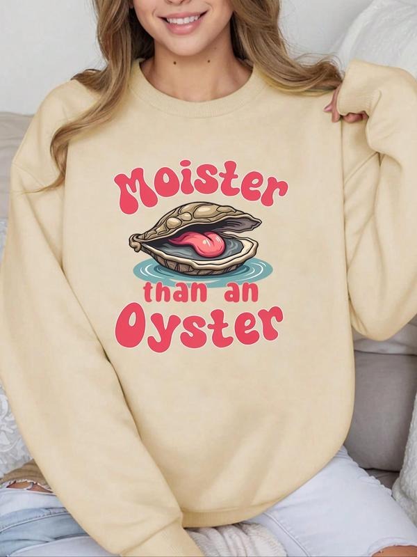 Women's Letter & Oyster Print Drop Shoulder Sweatshirt, Casual Long Sleeve Round Neck Pullover for Fall & Winter, Ladies...