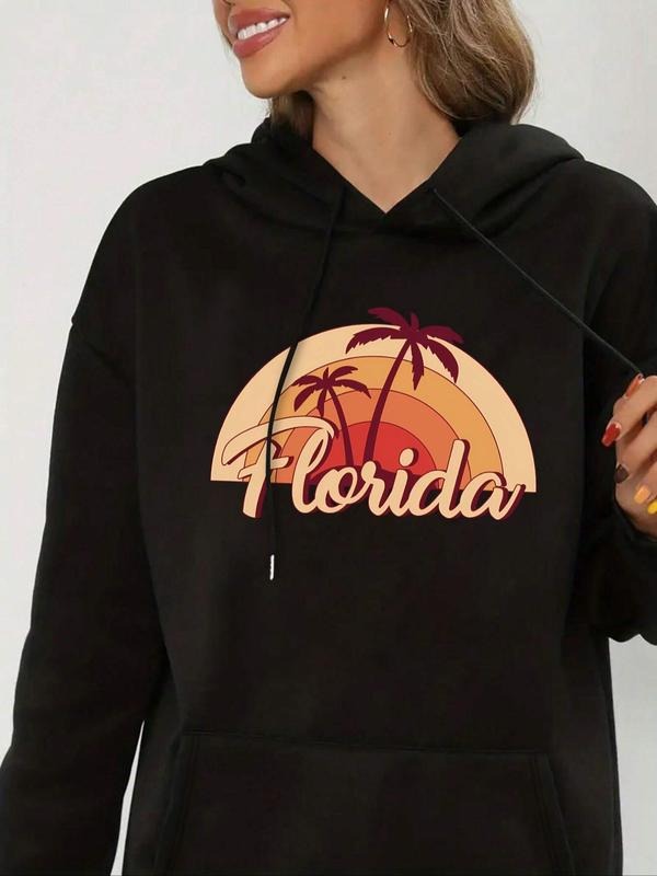 Women's Letter & Palm Tree Print Drop Shoulder Drawstring Hoodie, Fashion Casual Kangaroo Pocket Hooded Sweatshirt for...