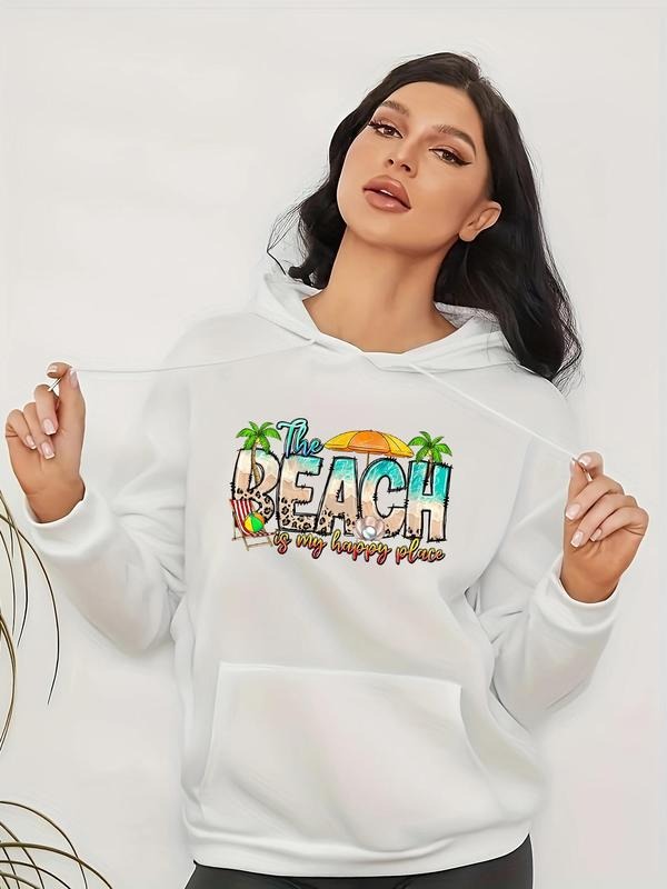 Women's Letter & Palm Tree Print Drop Shoulder Hoodie, Fashion Casual Drawstring Pocket Hooded Sweatshirt for Daily...