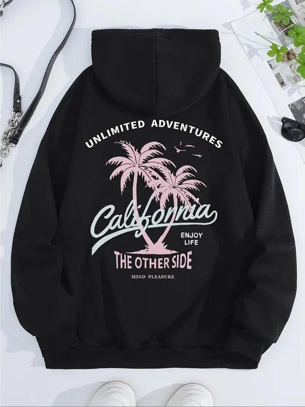 Women's Letter & Palm Tree Print Drop Shoulder Hoodie, Fashion Casual Drawstring Pocket Hooded Sweatshirt for Daily...