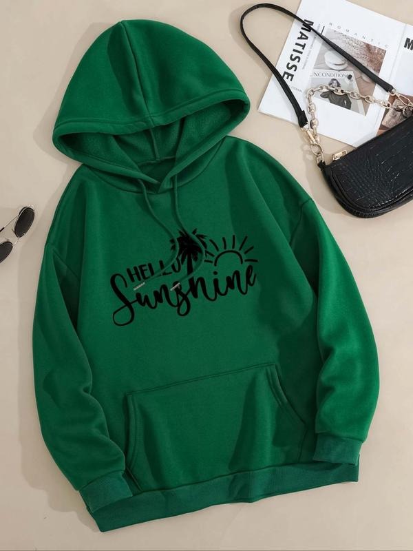 Women's Letter & Palm Tree Print Drop Shoulder Hoodie, Fashion Casual Drawstring Pocket Hooded Sweatshirt for Daily...