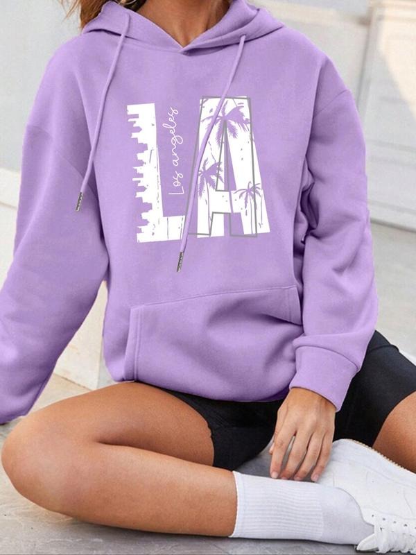 Women's Letter & Palm Tree Print Drop Shoulder Hoodie, Fashion Casual Drawstring Pocket Hooded Sweatshirt for Daily...