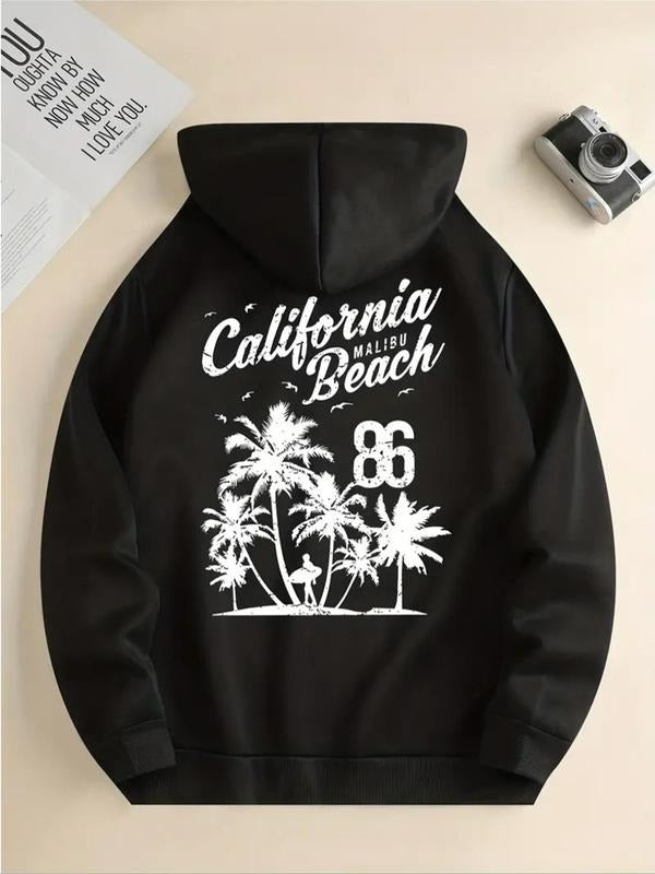 Women's Letter & Palm Tree Print Drop Shoulder Hoodie, Fashion Casual Drawstring Pocket Hooded Sweatshirt for Daily...