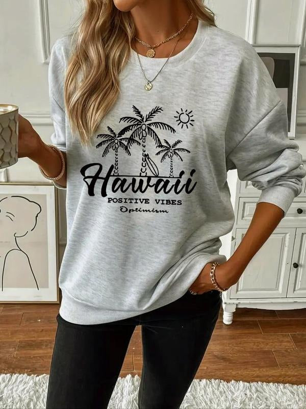 Women's Letter & Palm Tree Print Drop Shoulder Sweatshirt, Casual Long Sleeve Round Neck Pullover for Fall & Winter,...