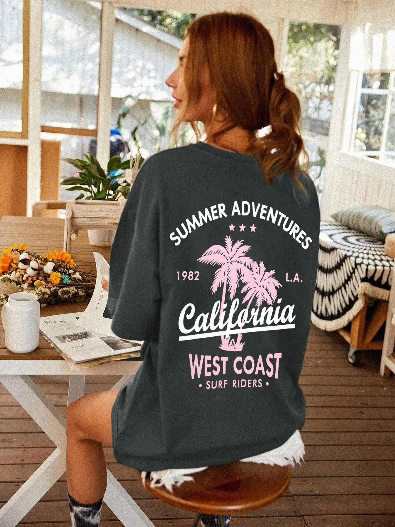Women's Letter & Palm Tree Print Drop Shoulder Tee, Casual Half Sleeve Round Neck T-shirt for All Seasons, Women's Top...