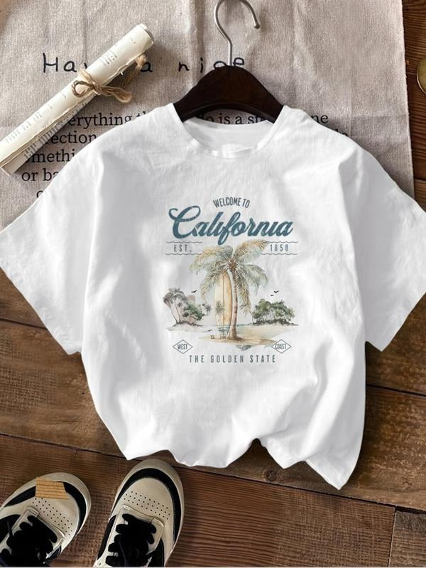 Women's Letter & Palm Tree Print Round Neck Tee, Casual Short Sleeve Crew Neck T-Shirt for Summer, Fashion Women's Top...
