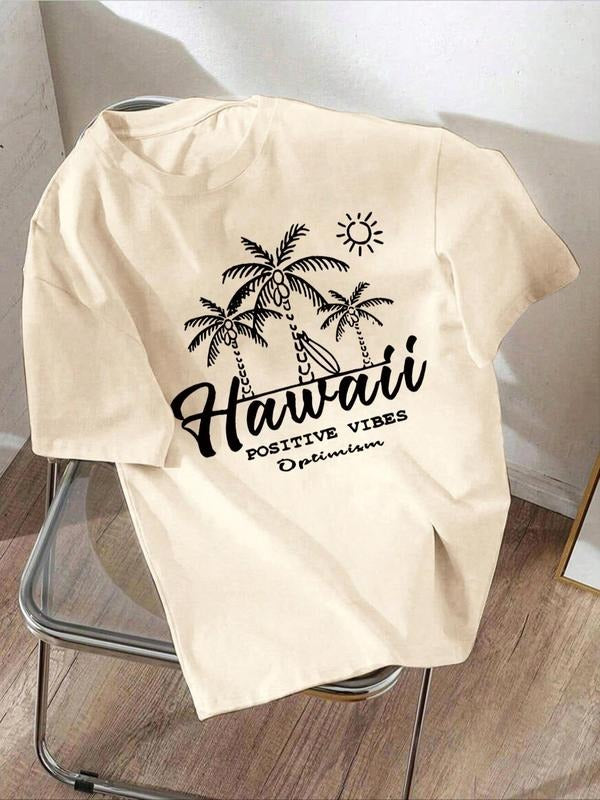 Women's Letter & Palm Tree Print Round Neck Tee, Casual Short Sleeve Crew Neck T-shirt for Daily Wear, Ladies Clothes for...