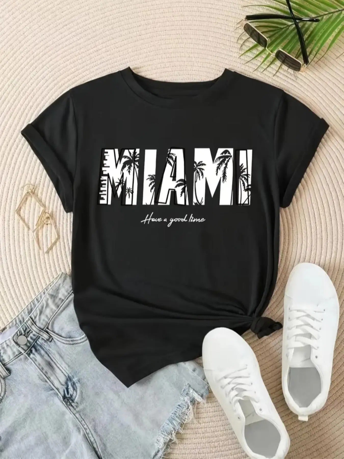 Women's Letter & Palm Tree Print Round Neck Tee, Trendy Casual Short Sleeve T-shirt for Daily Wear, Ladies All Seasons...