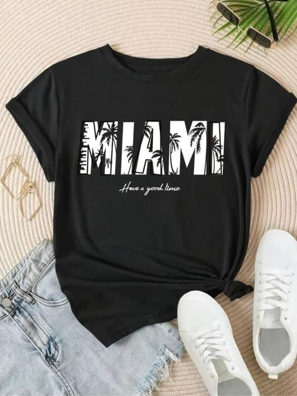 Women's Letter & Palm Tree Print Round Neck Tee, Trendy Casual Short Sleeve T-shirt for Daily Wear, Ladies Summer Outfit...